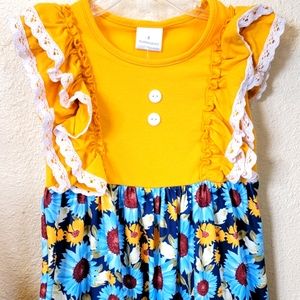 BRAND NEW BOUTIQUE blue/yellow Sunflower dress with button accent and ruffles